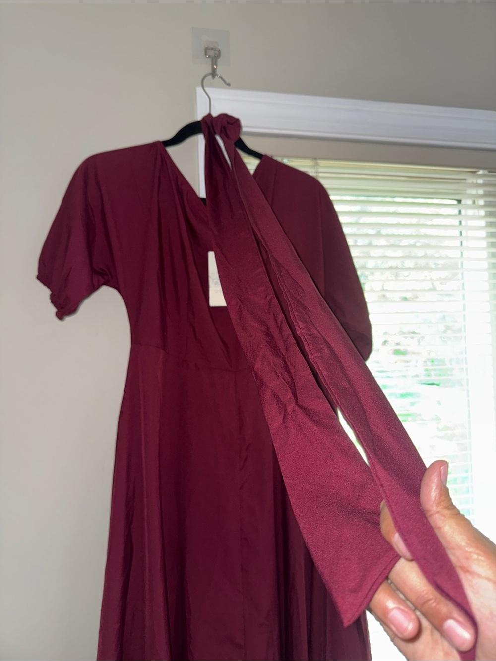 NWT Burgundy Midi Dress Size Large Puff Sleeve Wrap Style A-Line Dress - Picture 5 of 5